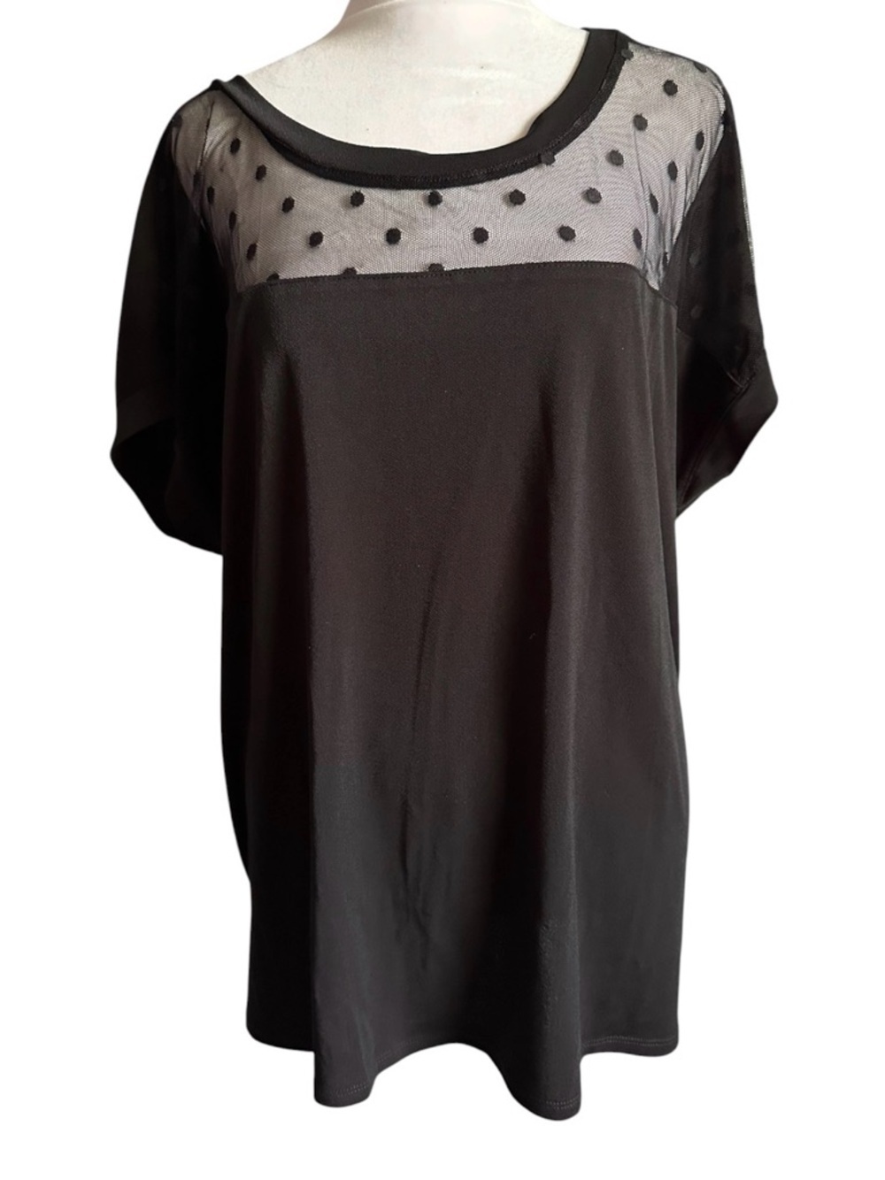 Notations Women's Black Sheer Polka Dot Yoke Top size 1X